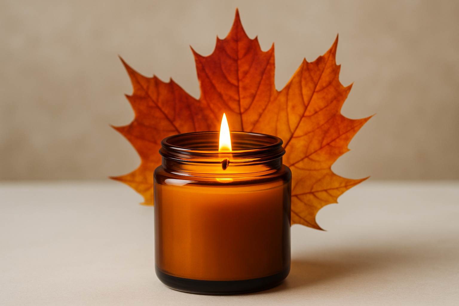 amber jar candle in front of a maple leaf